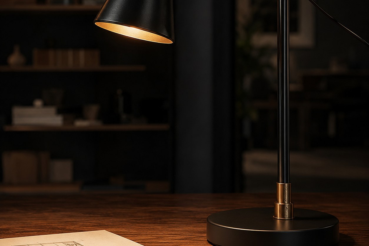 A black task lamp glowing over a technical drawing on a walnut desk — quiet systems, drafted with care