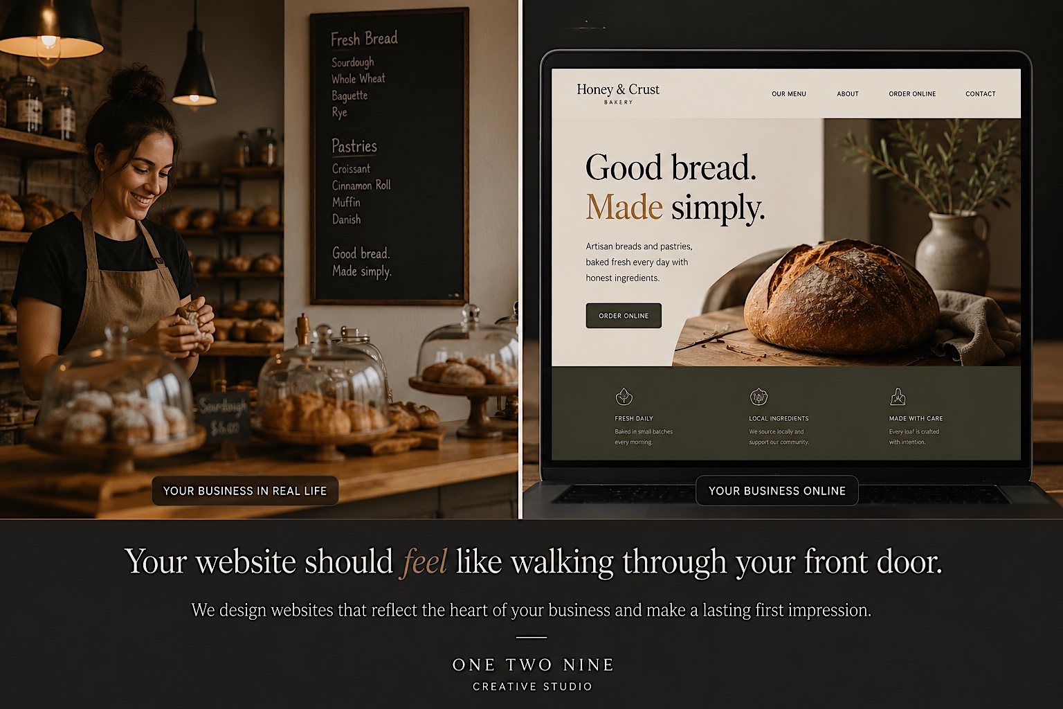 Split-screen concept: a smiling baker in her shop beside a laptop showing the matching Honey and Crust bakery website, captioned "your business in real life" and "your business online"