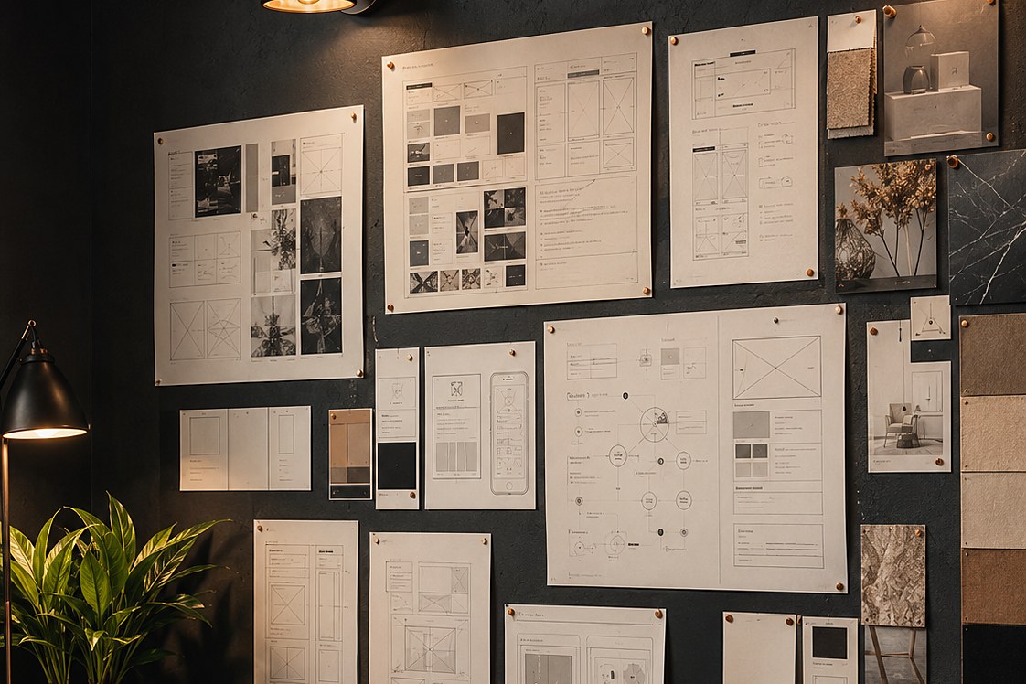 A wall of pinned plans, palettes, and page layouts above a studio desk — a business transformation mapped out in full