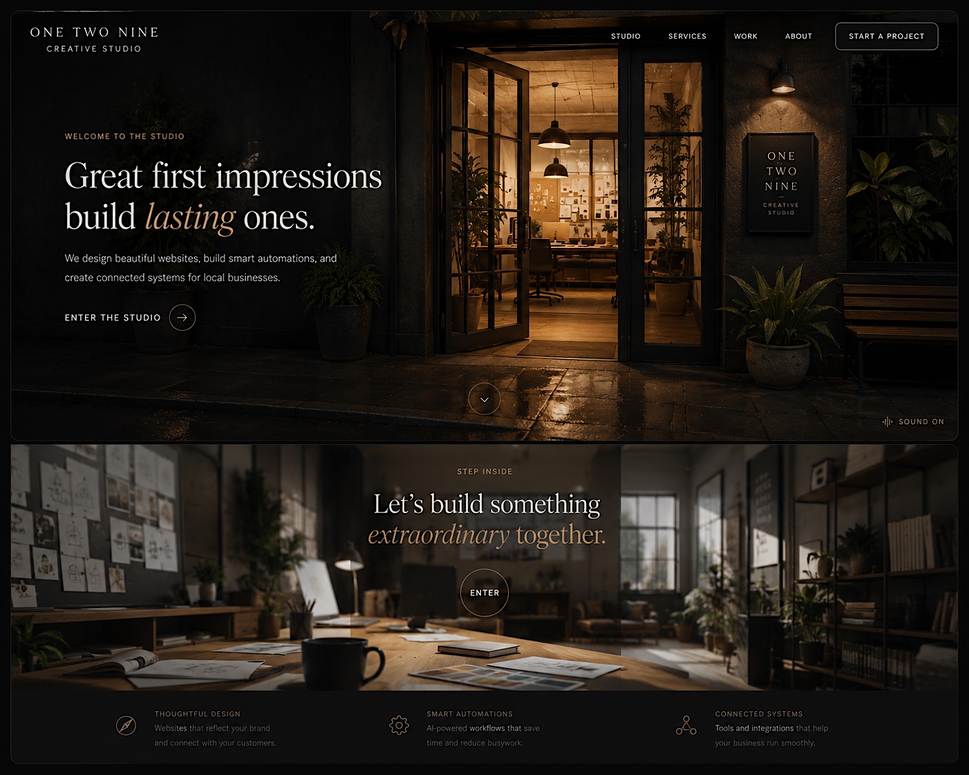 Design mockup of the One Two Nine website: a cinematic night-time studio entrance hero above a warm interior welcome section