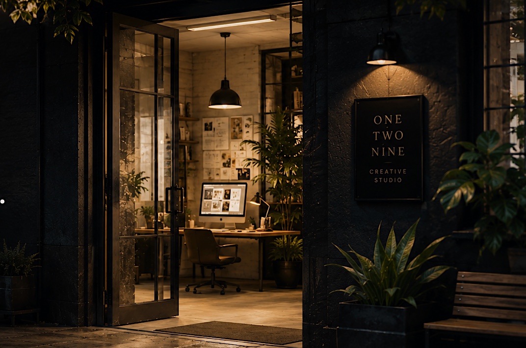 The One Two Nine studio storefront at night: an open glass door spills warm light onto wet pavement, with a brass-lettered sign reading One Two Nine Creative Studio beside lush plants