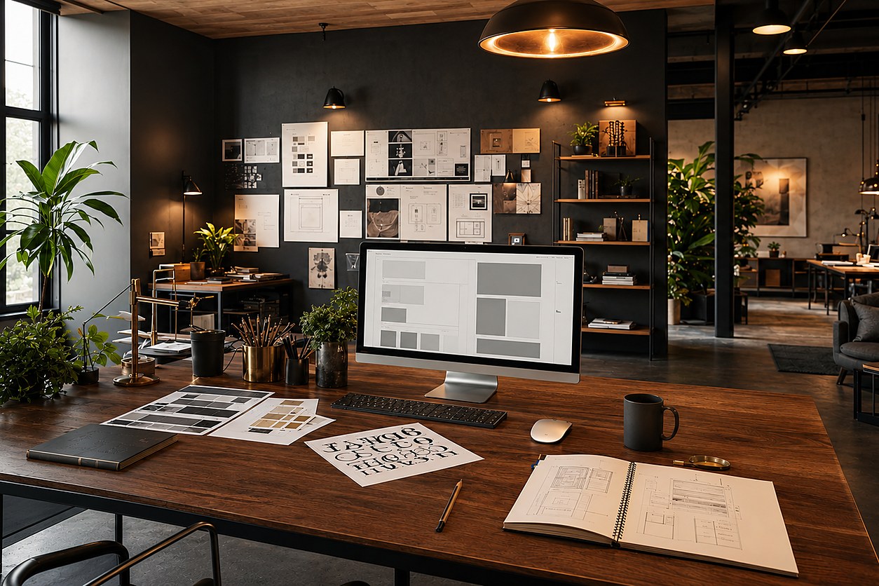 A studio desk with a website layout taking shape on the monitor, printed sketches on the desk and pinned along the wall behind